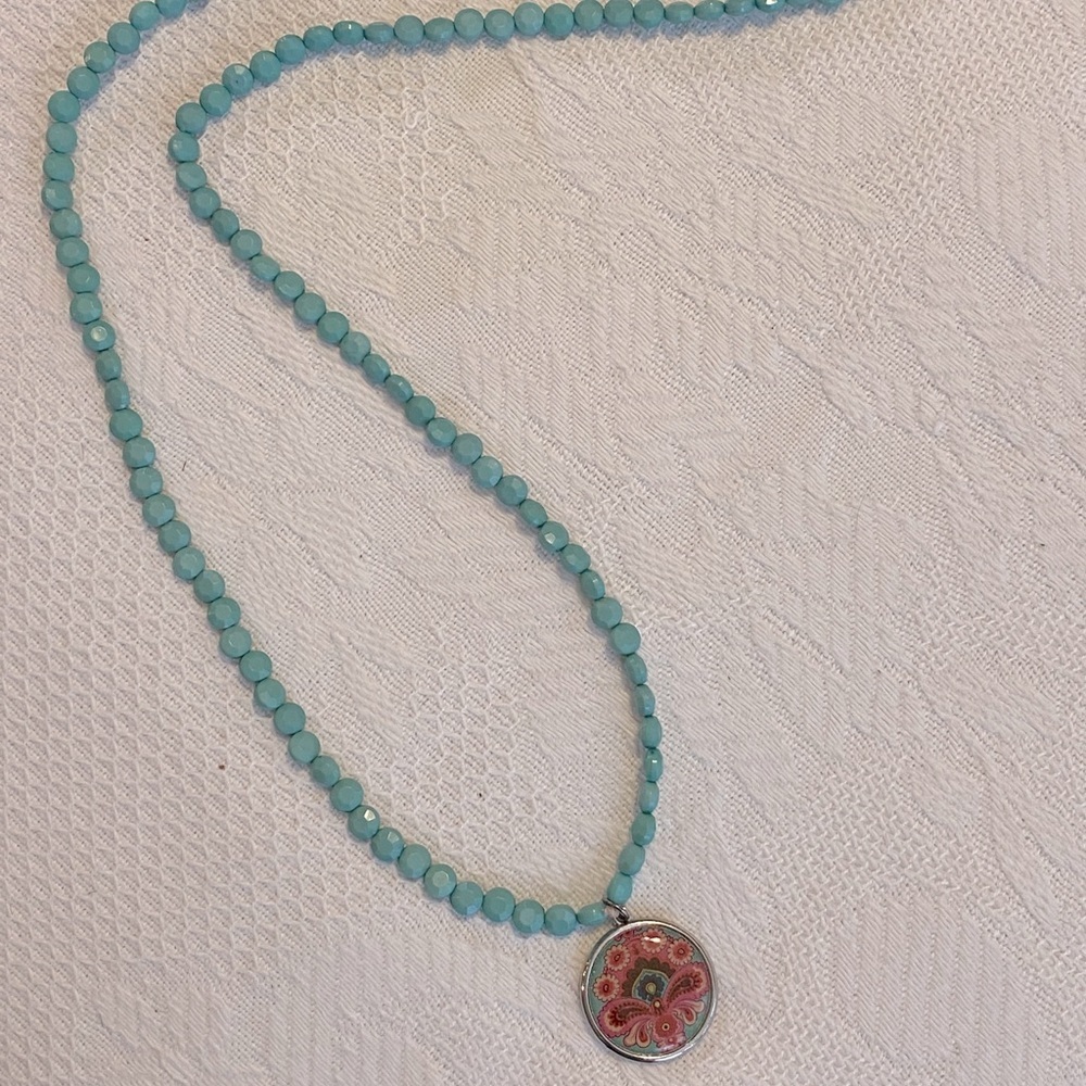 Long turquoise bead necklace with reversible pendant